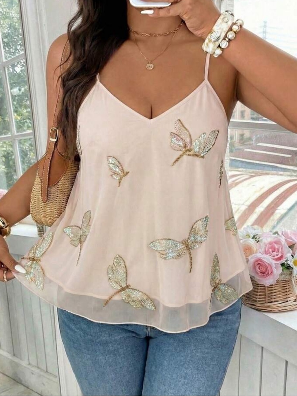 Breezaya Plus Size Butterfly Embroidered Camisole, Ethereal Mesh Cami Top